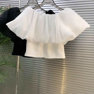 显瘦气质百搭短款 纯欲风一字肩套头衬衫 修身 女夏季 辣妹上衣 新款