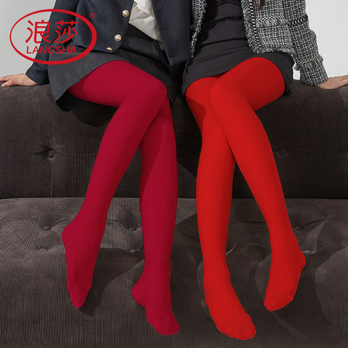 浪莎红色丝袜辣妹风连裤袜春秋季