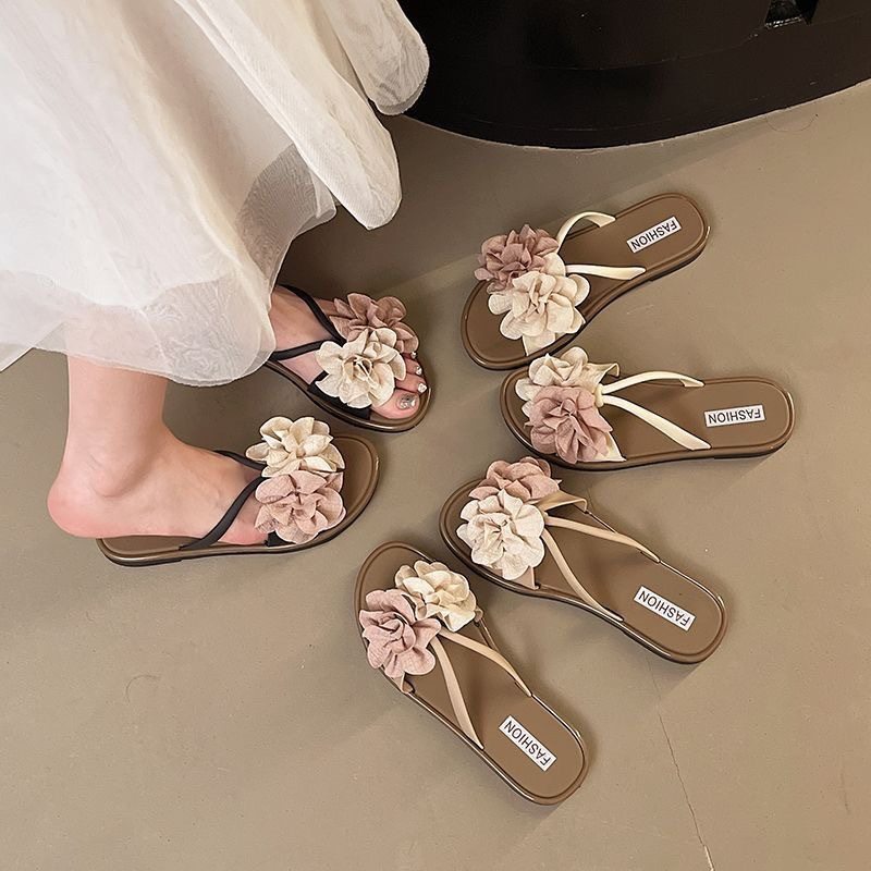 新款花朵仙女风法式外穿拖鞋女2025夏季沙滩度假海边时尚一字,女鞋,休闲凉鞋,淘宝优惠券,粉丝福利购,淘宝优惠卷