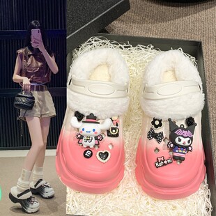 简约新款加绒洞洞鞋女外穿冬季厚底增高保暖可拆卸毛绒冬天棉拖鞋