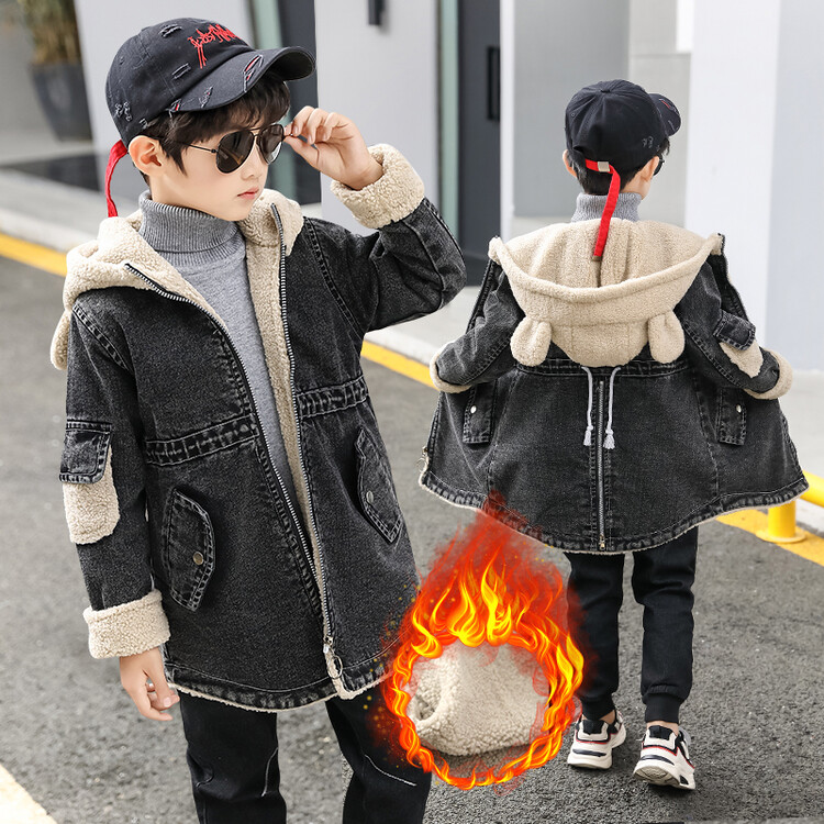 大童男装一米二三四五六年级七八九十岁小孩加绒牛仔风衣外套冬服