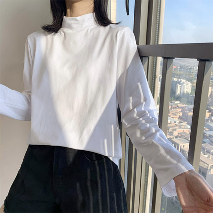 半高领打底衫女韩版秋季纯棉长袖t恤宽松中领纯白色内搭加绒德绒