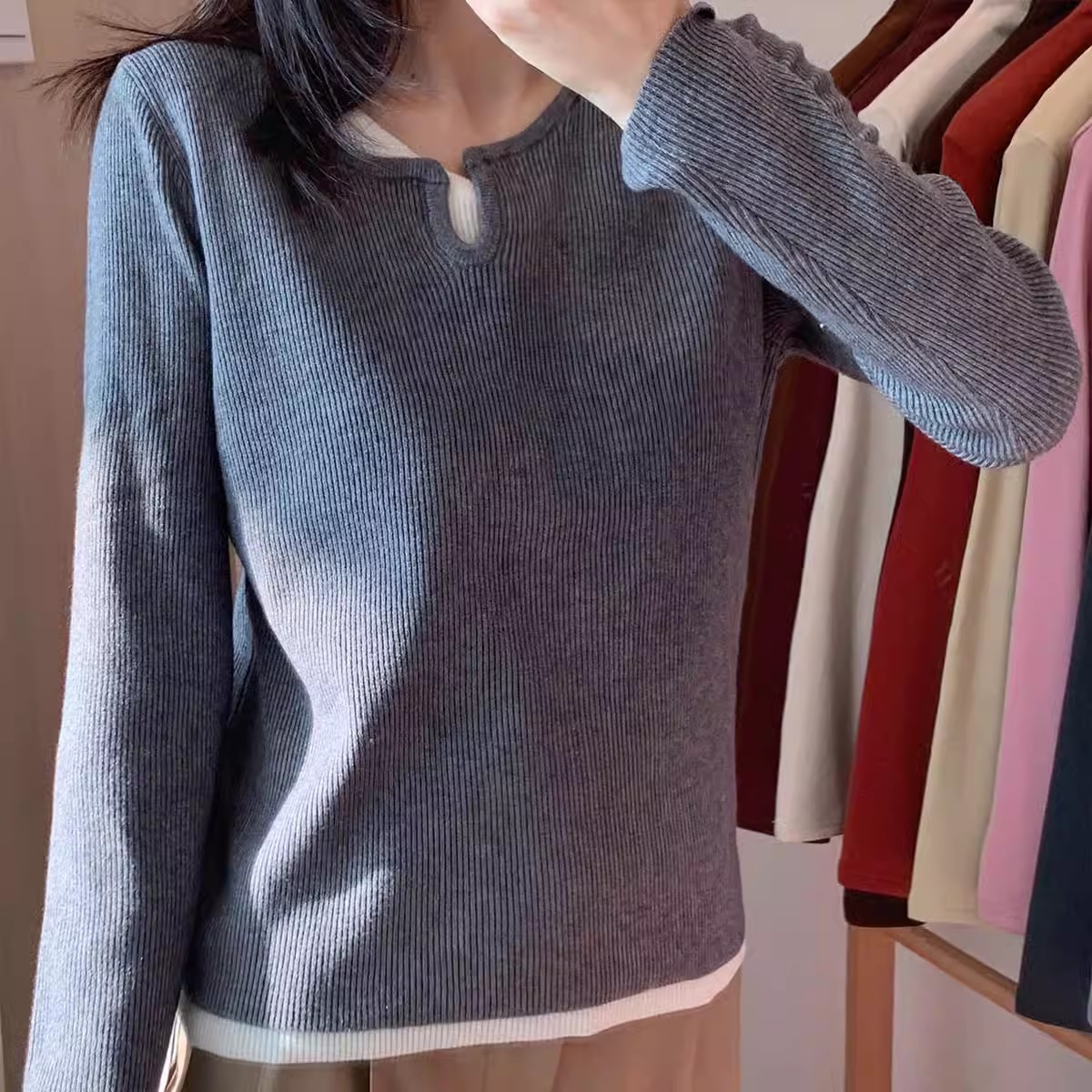 长袖假两件秋季短款针织女