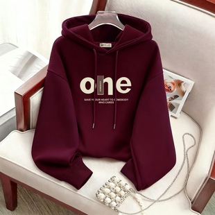 红色连帽卫衣女加绒2025新款春秋冬薄款字母时尚百搭短款外套上衣