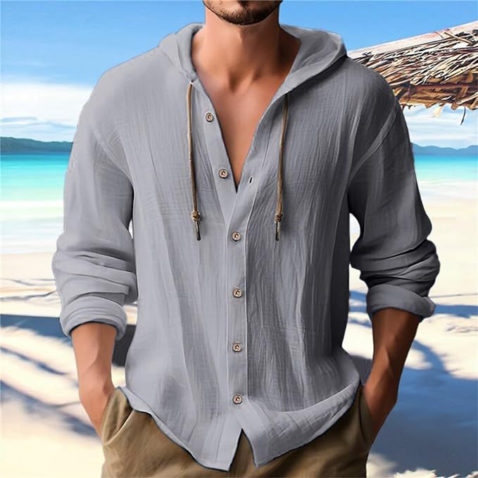 Men's hooded sweatshirt春夏男士连帽T恤衫纯色棉麻休闲长袖上衣