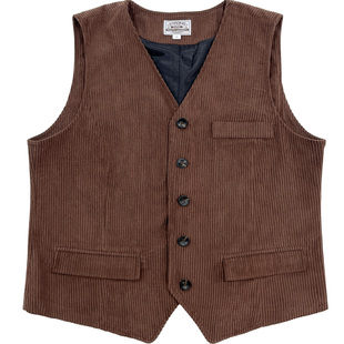 男款灯芯绒马甲口袋拼接外套纯色单排扣背心休闲复古日常保暖坎肩