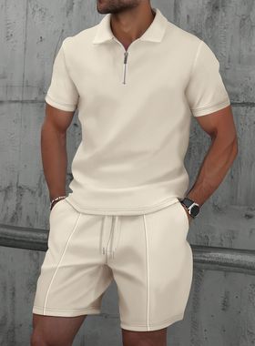 亚马逊夏季跨境华夫格拉链纯色翻领短袖T恤短裤休闲套装POLO衫男