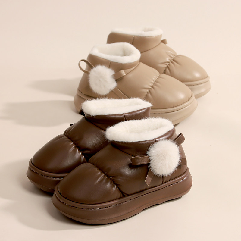 2024新款加绒加厚保暖儿童包跟棉拖鞋PU皮面防水防滑简约厚底棉鞋