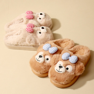 新款可爱卡通家居棉拖鞋女士蝴蝶结厚底防滑保暖毛绒舒适月子鞋冬