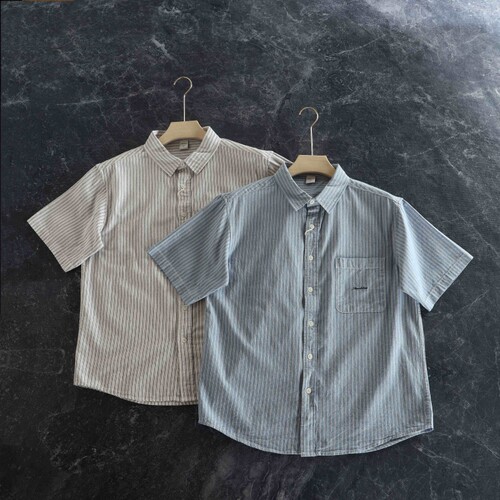 新款日系纯棉潮流条纹短袖衬衫