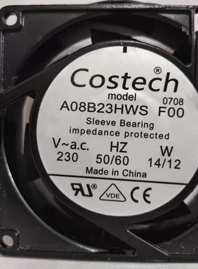 全新Costech风机A08B23HWS FOO 8CM 230V 14/12W散热风扇8025