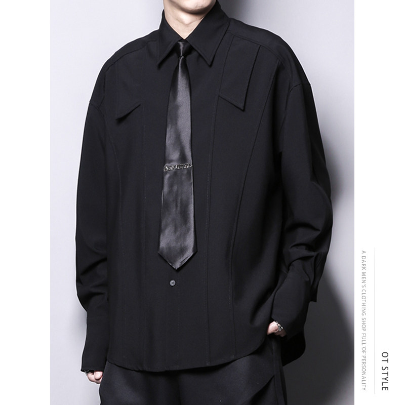 暗黑系个性设计感原创解构裁剪长款宽松阔版衬衣抗皱垂感衬衫男士