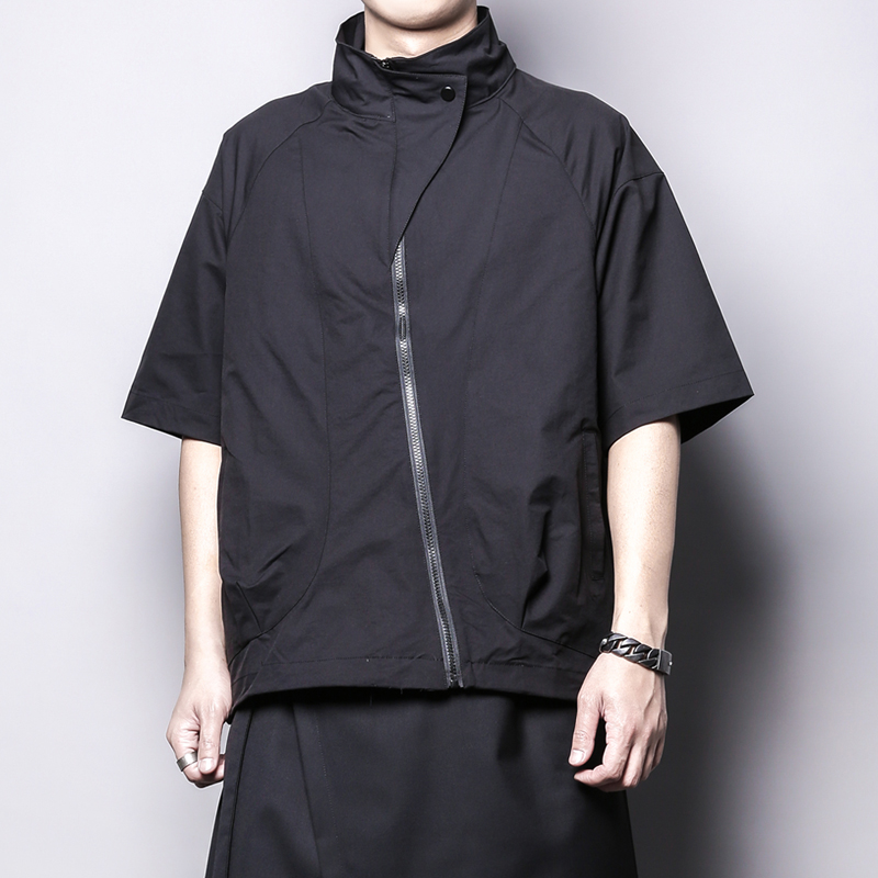 暗黑系机能风重工设计感斜门襟裁剪立领宽松T恤短袖衬衣个性衬衫