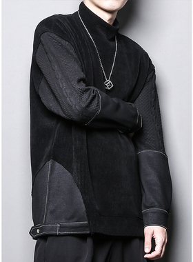 秋冬设计感暗黑系车线立体剪裁拼接宽松时尚发型师半高领卫衣男潮