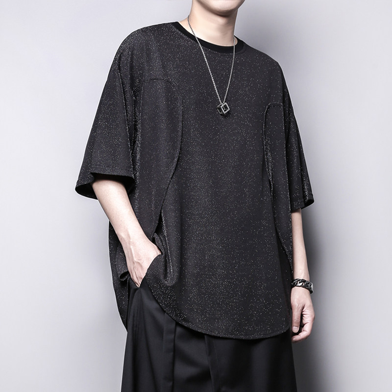 夏季暗黑系设计感闪光质感面料弧形立体裁剪宽松大码短半袖T恤男,男装,T恤,淘宝优惠券,粉丝福利购,淘宝优惠卷