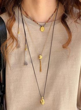 明星同款香水瓶蜡绳项链高级感天然石流苏锁骨链长款毛衣链