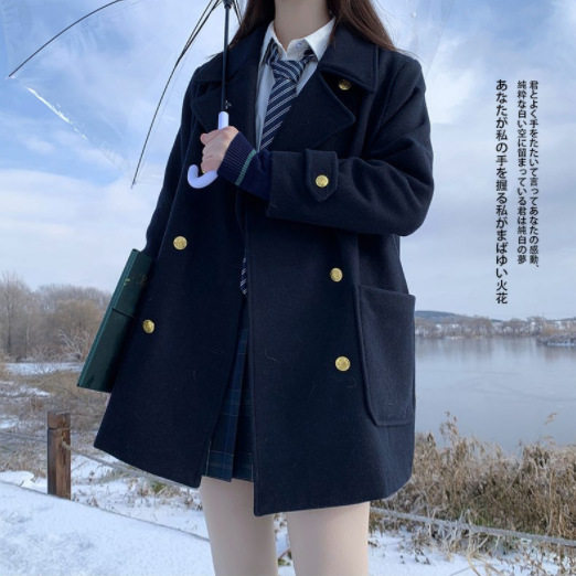 韩系学院风翻领双排扣女秋冬小个毛呢外套