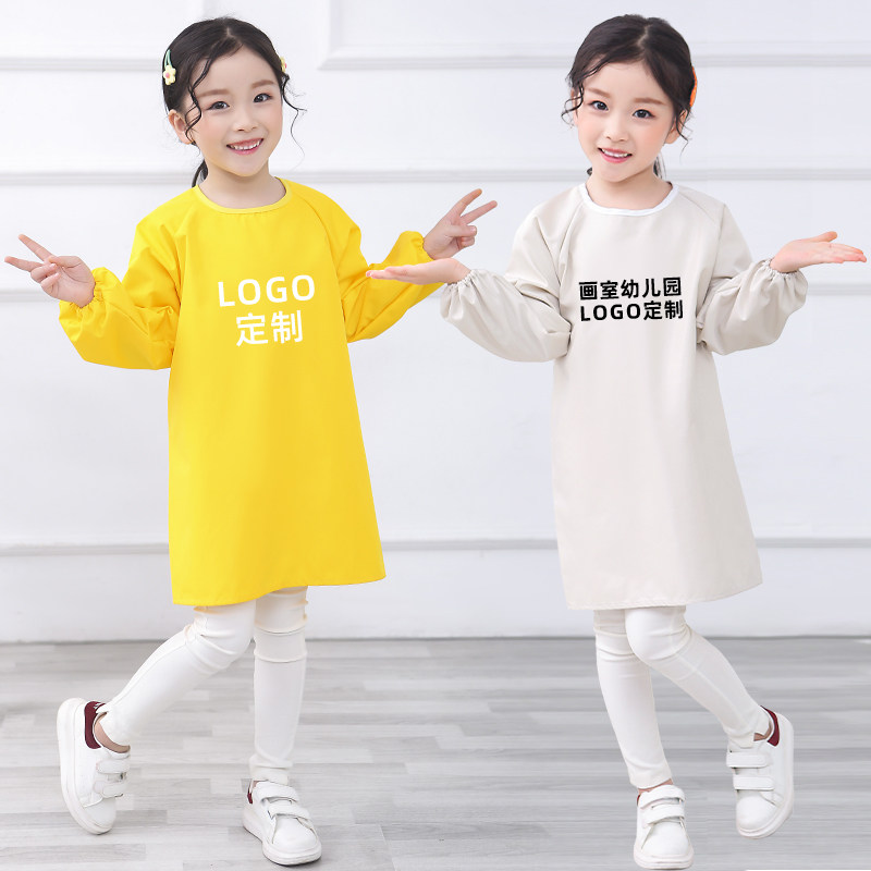 儿童围裙长袖魔术贴防水反穿衣幼儿园中大童美术画画罩衣定制LOGO