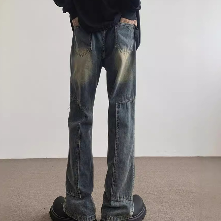 伐木牛仔裤男士潮牌夏季美式高街复古蓝微喇裤工装宽松直筒长裤男