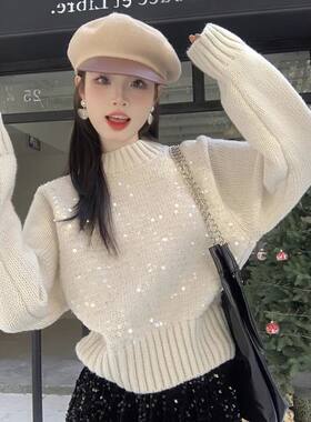 女春秋重工亮片半高领短款针织衫