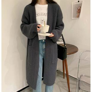加厚粗毛线中长款针织开衫女2026年韩版慵懒风大口袋宽松百搭外套