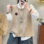 2026春季 针织马甲背心女立体圆领套头宽松钩花马夹外搭坎肩女 新款