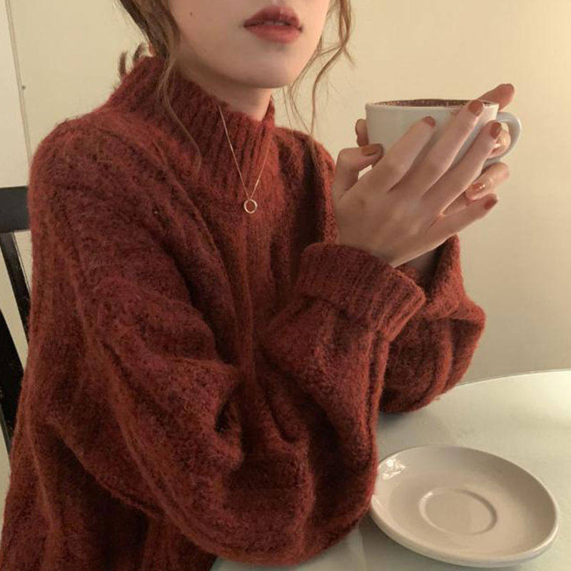 慵懒风半高领新年红色毛衣女秋冬2026新款加厚针织衫内搭打底上衣