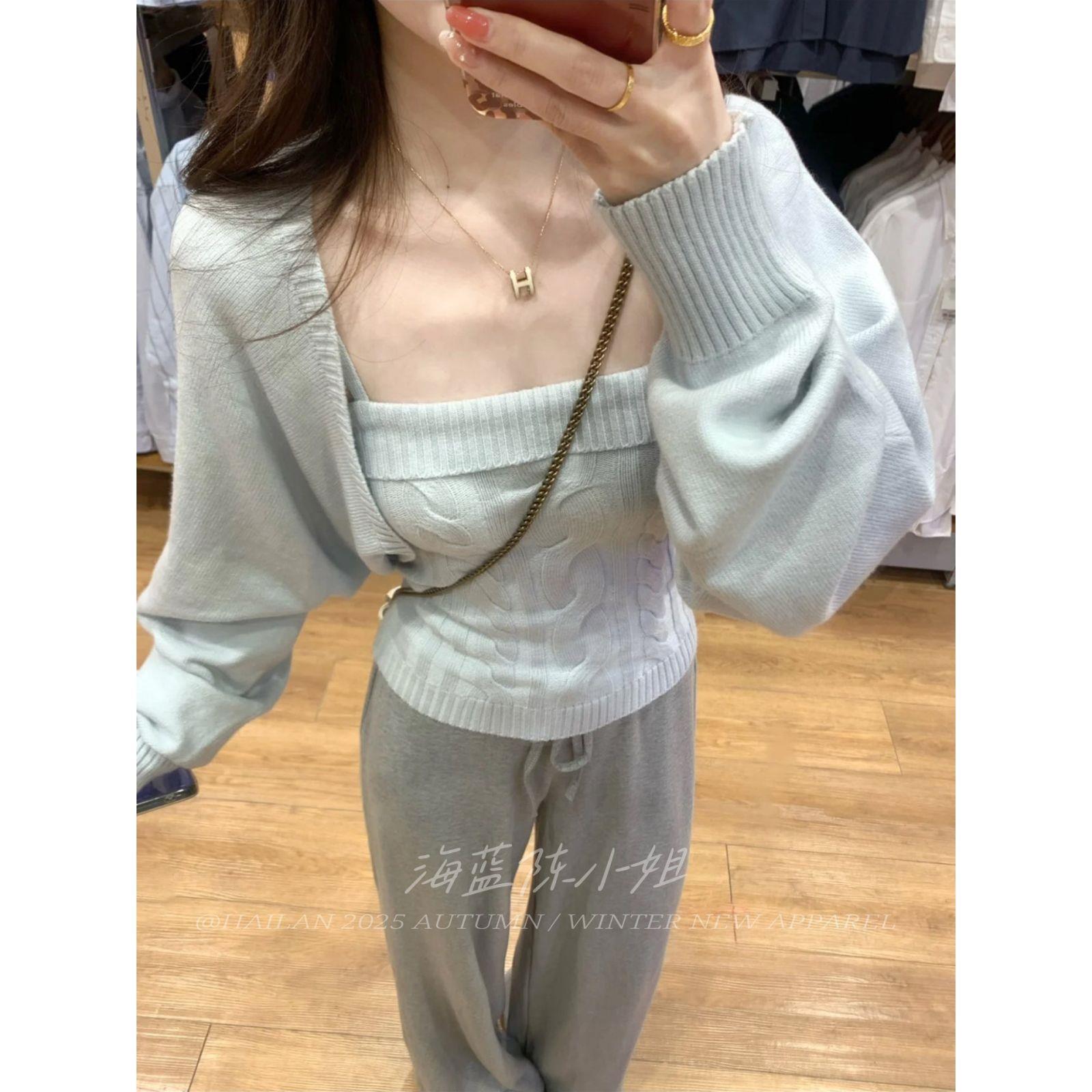 慵懒麻花针织开衫女秋季套装长袖修身显瘦毛衣外套吊带背心两件套