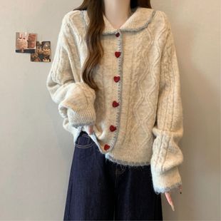 大碼 外套 復(fù)古愛(ài)心扣慵懶風(fēng)娃娃領(lǐng)麻花毛衣女寬松針織衫 胖mm秋春季
