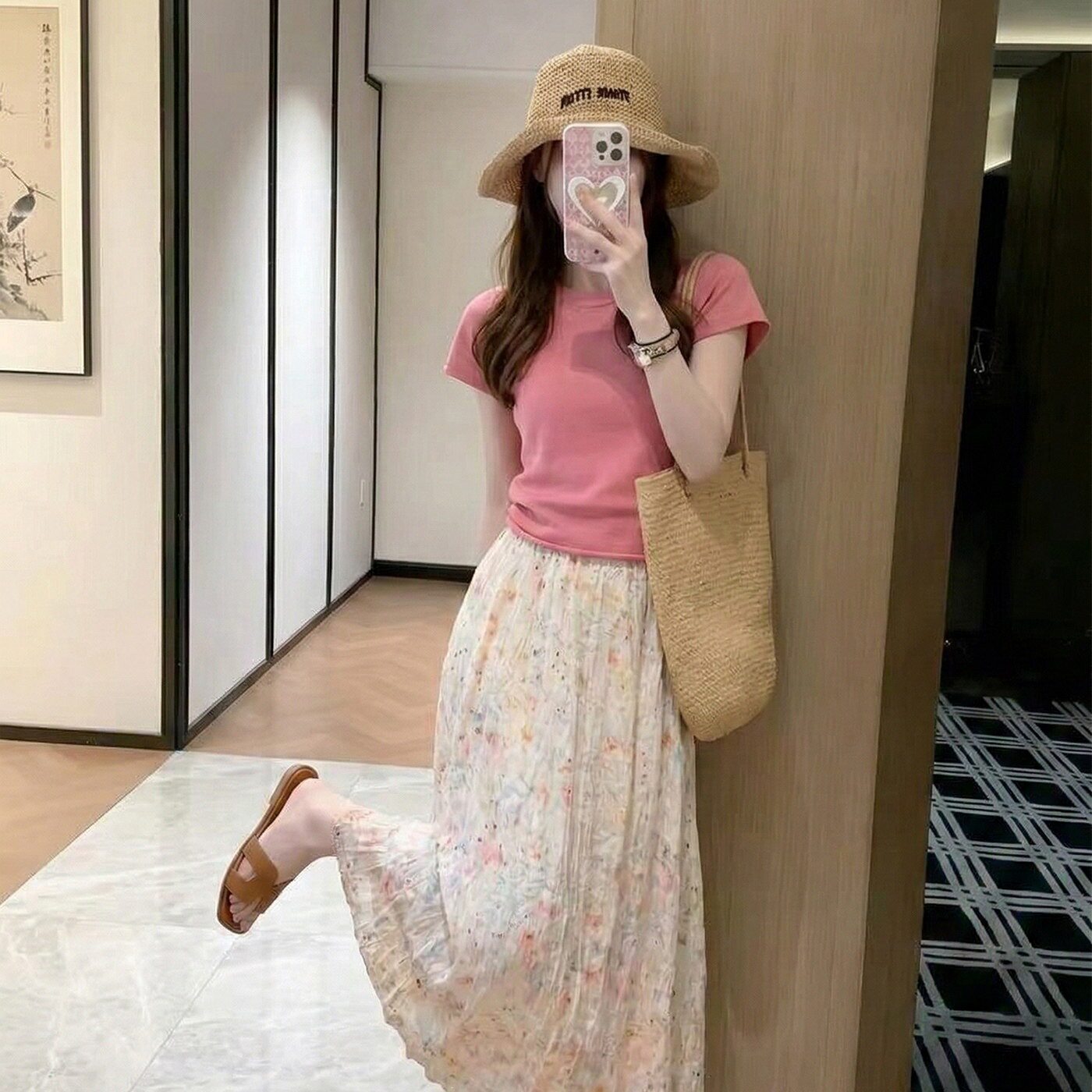 夏日绝美俏皮小套装巨好看的收腰显瘦粉色T恤碎花半身裙两件套女