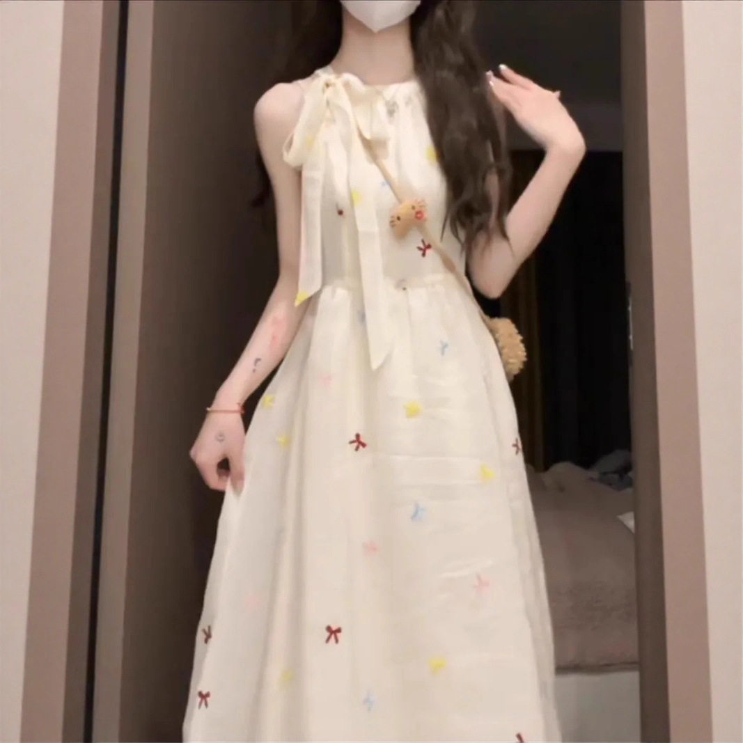 可爱ins甜美收腰蝴蝶结连衣裙夏季新款2025收腰显瘦温柔仙女长裙