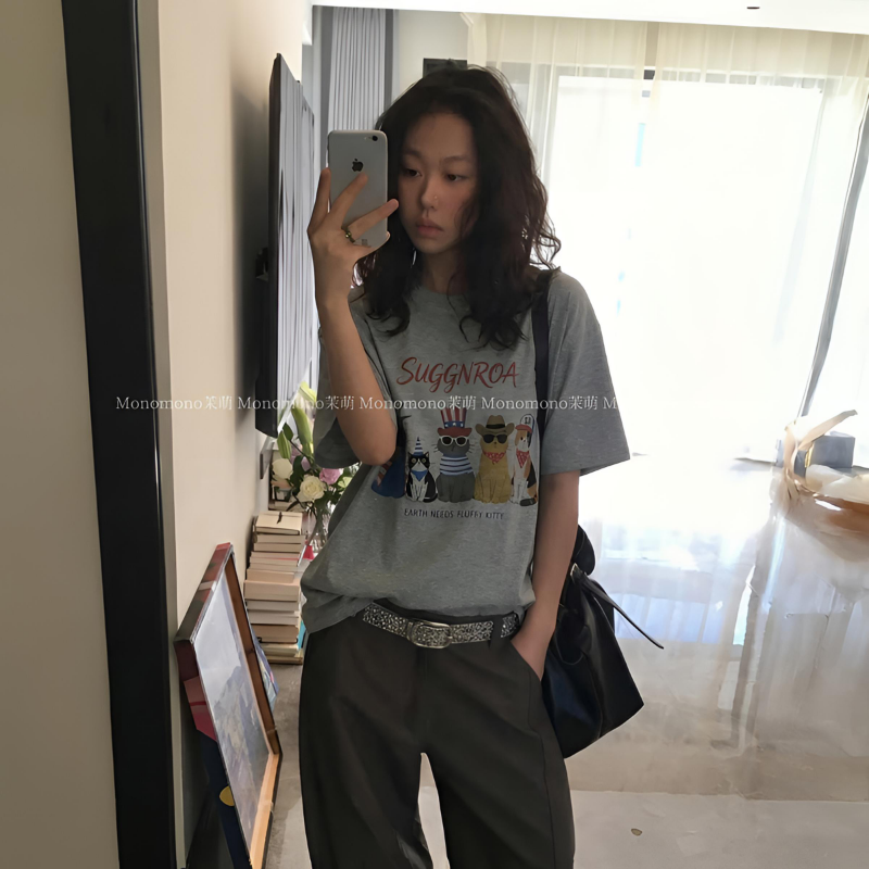 【猫咪天团】韩代美式复古设计宽松大版T恤女短袖数码直喷无感印�