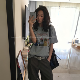【猫咪天团】韩代美式复古设计宽松大版T恤女短袖数码直喷无感印�