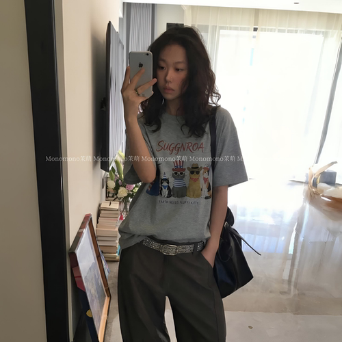 【猫咪天团】韩代美式复古设计宽松大版T恤女短袖数码直喷无感印�