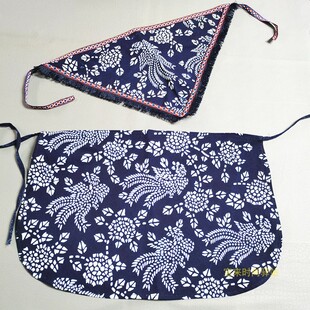 儿童半身围兜 全棉手工蓝花布 幼儿园舞蹈 采茶围裙头巾 袖套