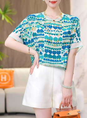 现货【梅小姐】悠悠翠绿~时尚圆领百搭中袖宽松T恤印花上衣2025夏