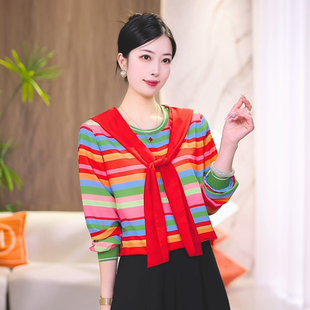 现货 虹光漫舞~百搭时尚气质减龄长袖连帽条纹上衣打底衫秋新款