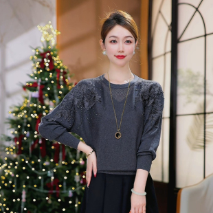 抗起球针织毛衣含绵羊毛保暖套头气质 2026春秋新款 现货 灰缕花织