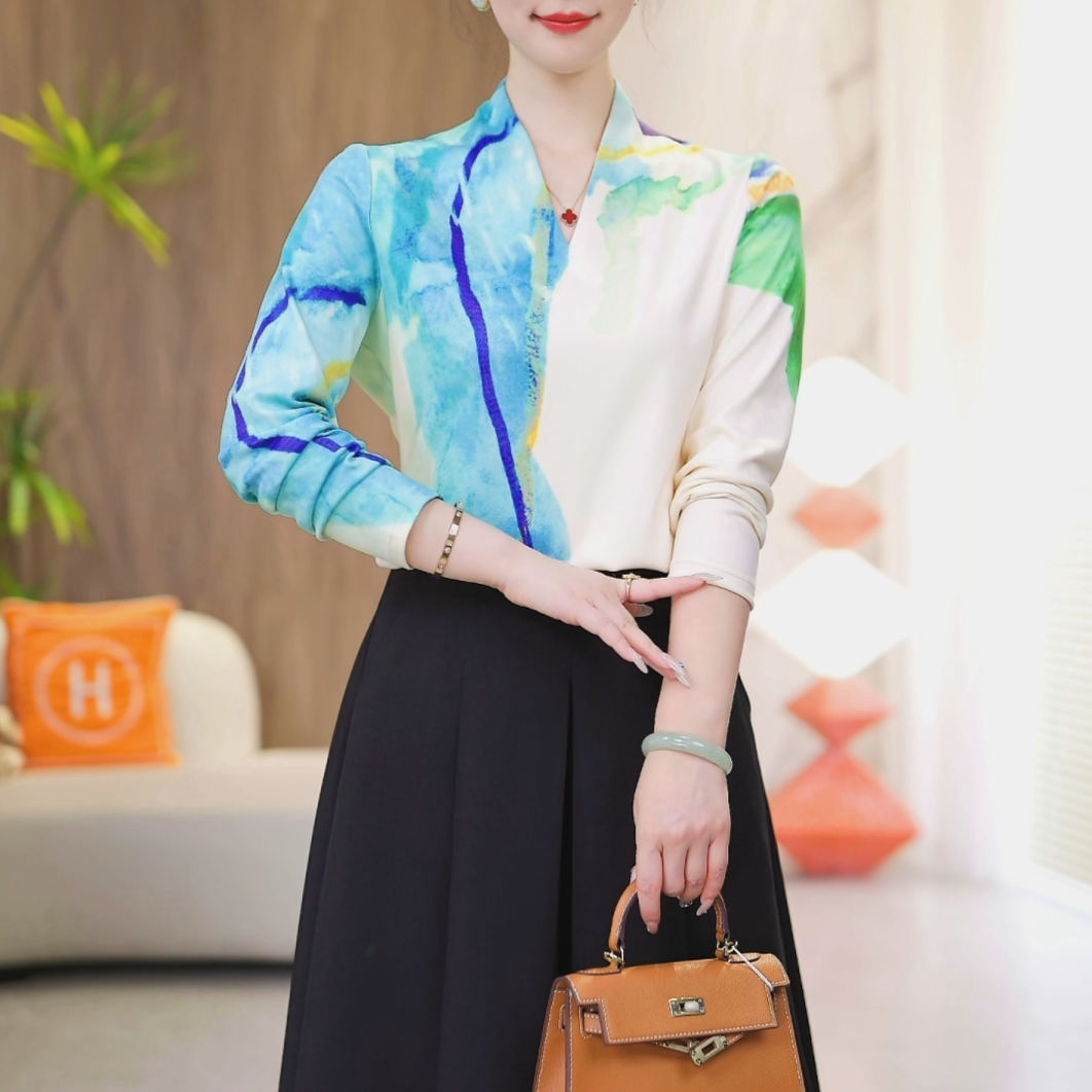 水漾海湾~高级感轻奢修身显瘦弹力V领打底衫印花百搭T恤2026春新