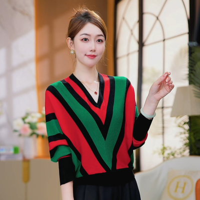 似水佳人~彩虹条纹保暖轻奢套头毛衣气质宽松显瘦外穿针织衫秋冬