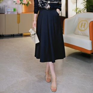 现货~高级感黑色赫本风中长款半身裙高腰显瘦A字大摆伞裙