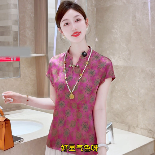 现货 锦簇团花~新中式国风女装立领盘扣衬衫上衣夏款短袖宽松T恤