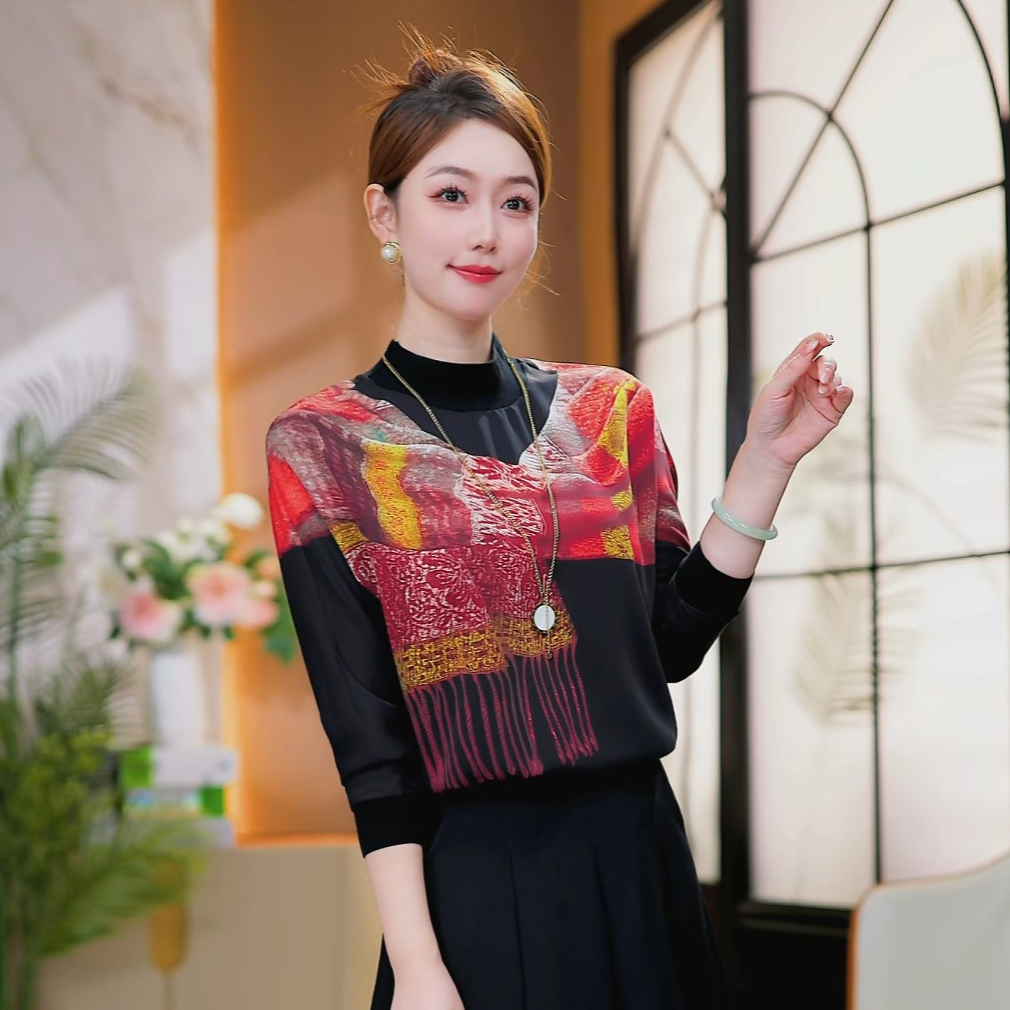 现货 红韵絮语~高级感印花假两件宽松显瘦打底衫宽松显瘦T恤上衣