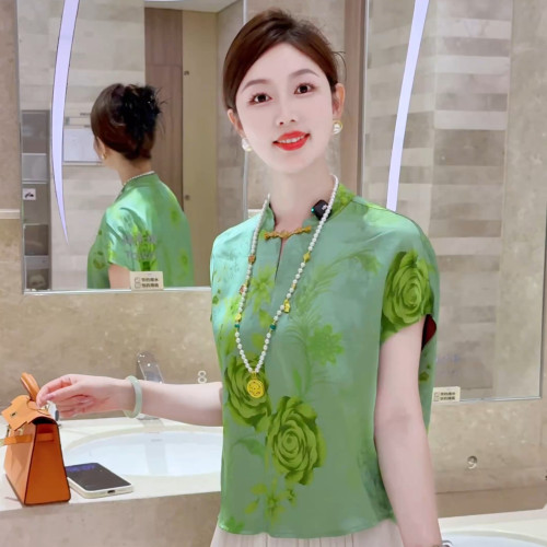 现货 知花清梦~新中式盘扣衬衫中国风人丝提花上衣显瘦宽松T恤夏