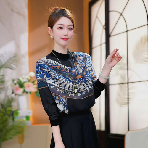 锦蓝绘影~高级感印花洋气打底衫宽松显瘦长袖T恤减龄上衣2026春款