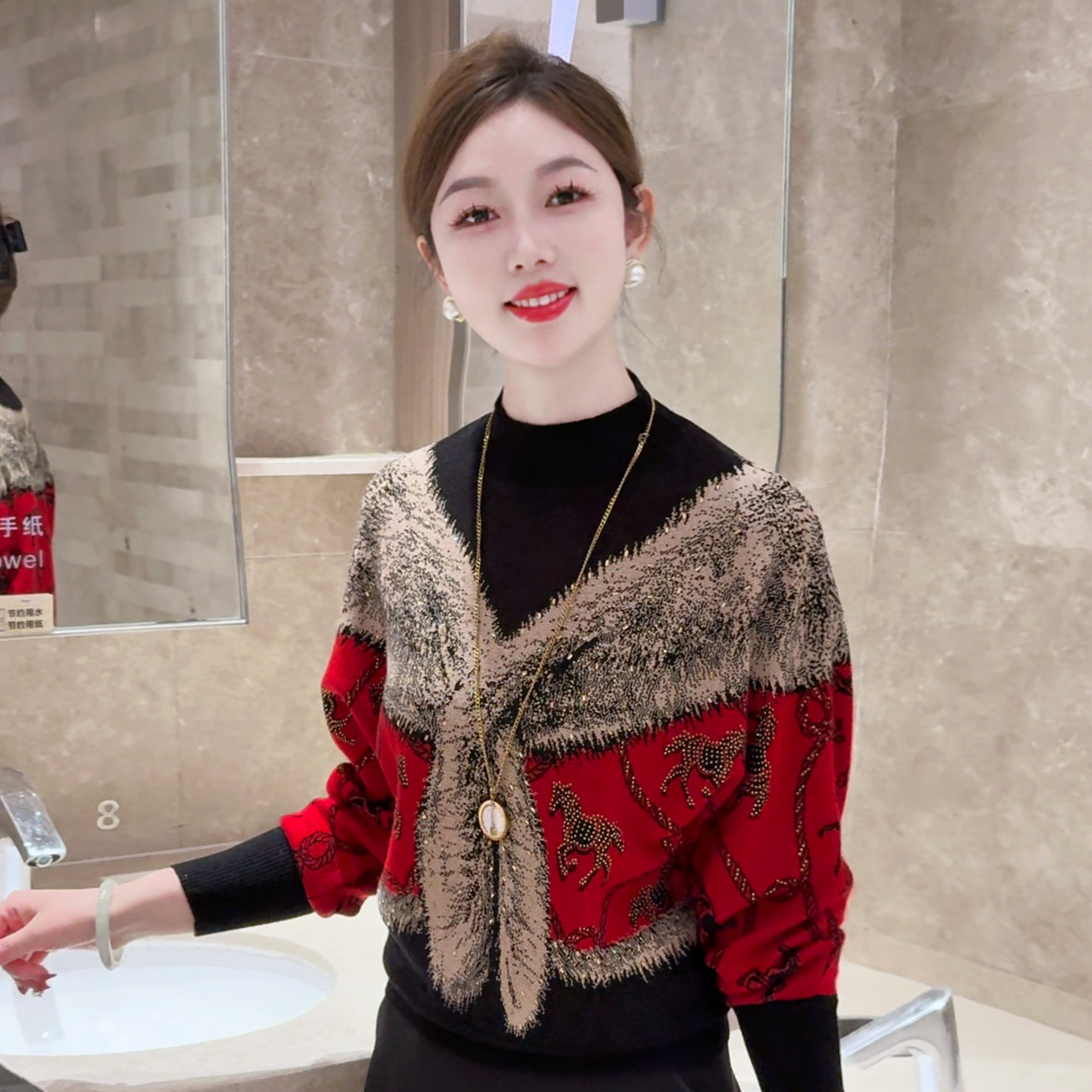 万马奔腾~新年红小马抗起球针织衫保暖套头气质洋气外穿毛衣秋冬