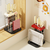 厨房不锈钢刀架锅盖砧板一体式 置物架多功能免打孔沥水刀具收纳架