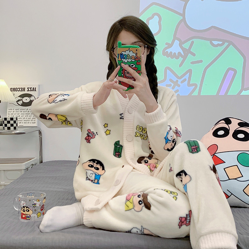 日本秋冬睡衣女士法兰绒双面保暖软绵细绒学生清新卡通可爱家居服