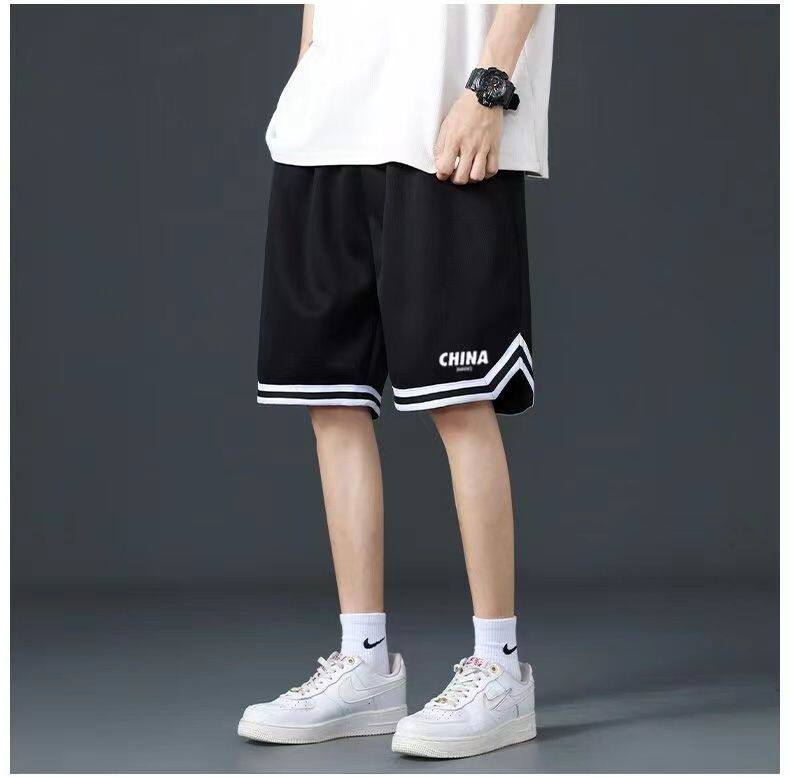 夏季薄款冰丝男短裤外穿速干宽松篮球运动裤子男五分黑色休闲中裤