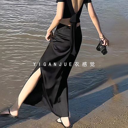 氛围感气质褶皱开叉半身裙2026夏季新款醋酸缎面垂感高腰中长裙子